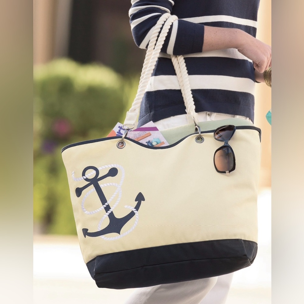 Thirty One Tote Canvas Crew Natural w/Navy Anchor Double Handles Nautical Large
